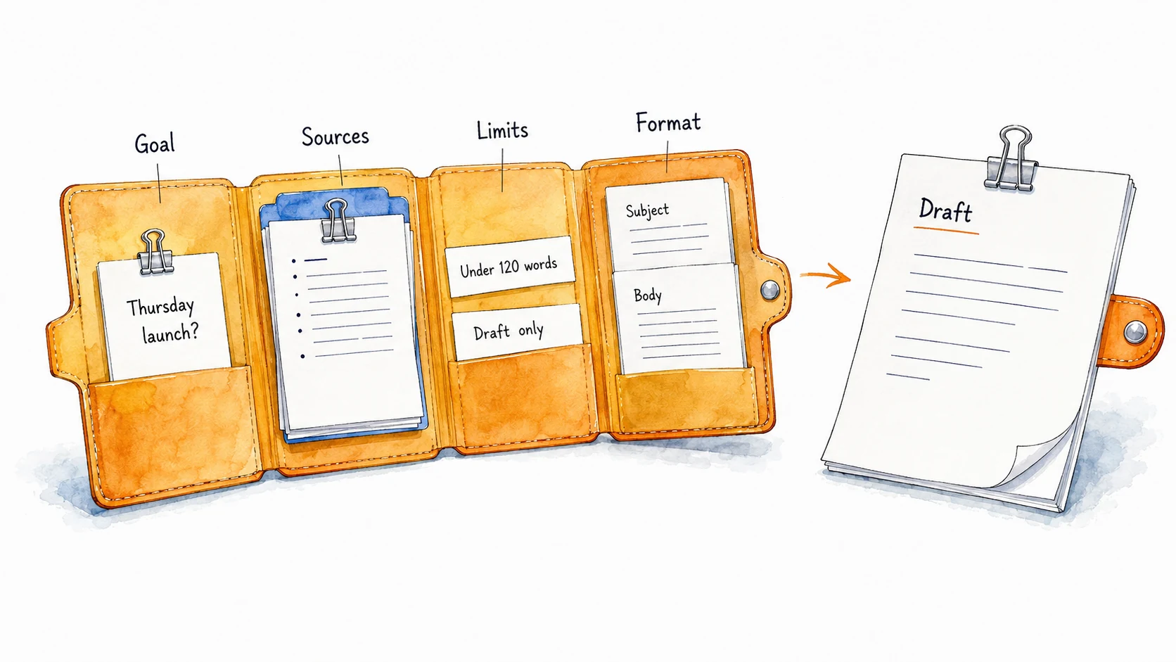 A fold-out request brings goal, sources, limits and format together into an email draft.