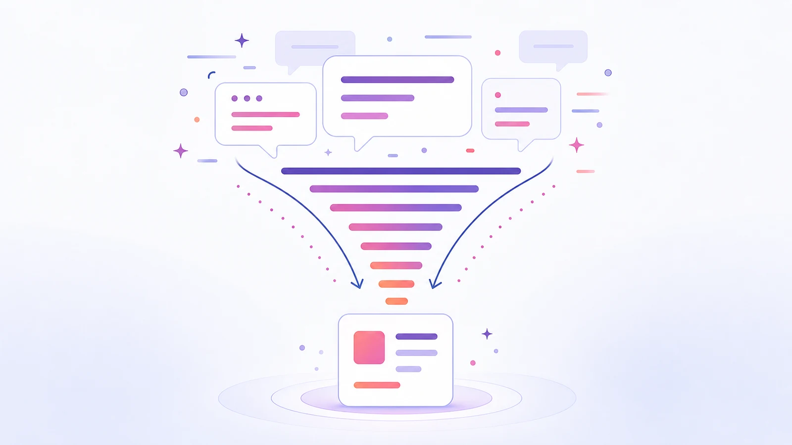 A course-cover illustration of a prompt funnel narrowing scattered answer tiles into a precise result.