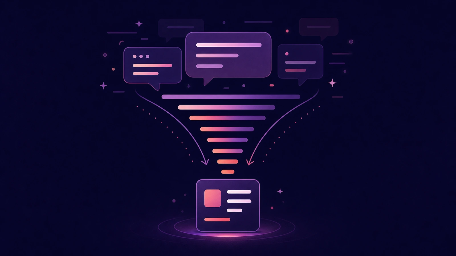 A course-cover illustration of a prompt funnel narrowing scattered answer tiles into a precise result.