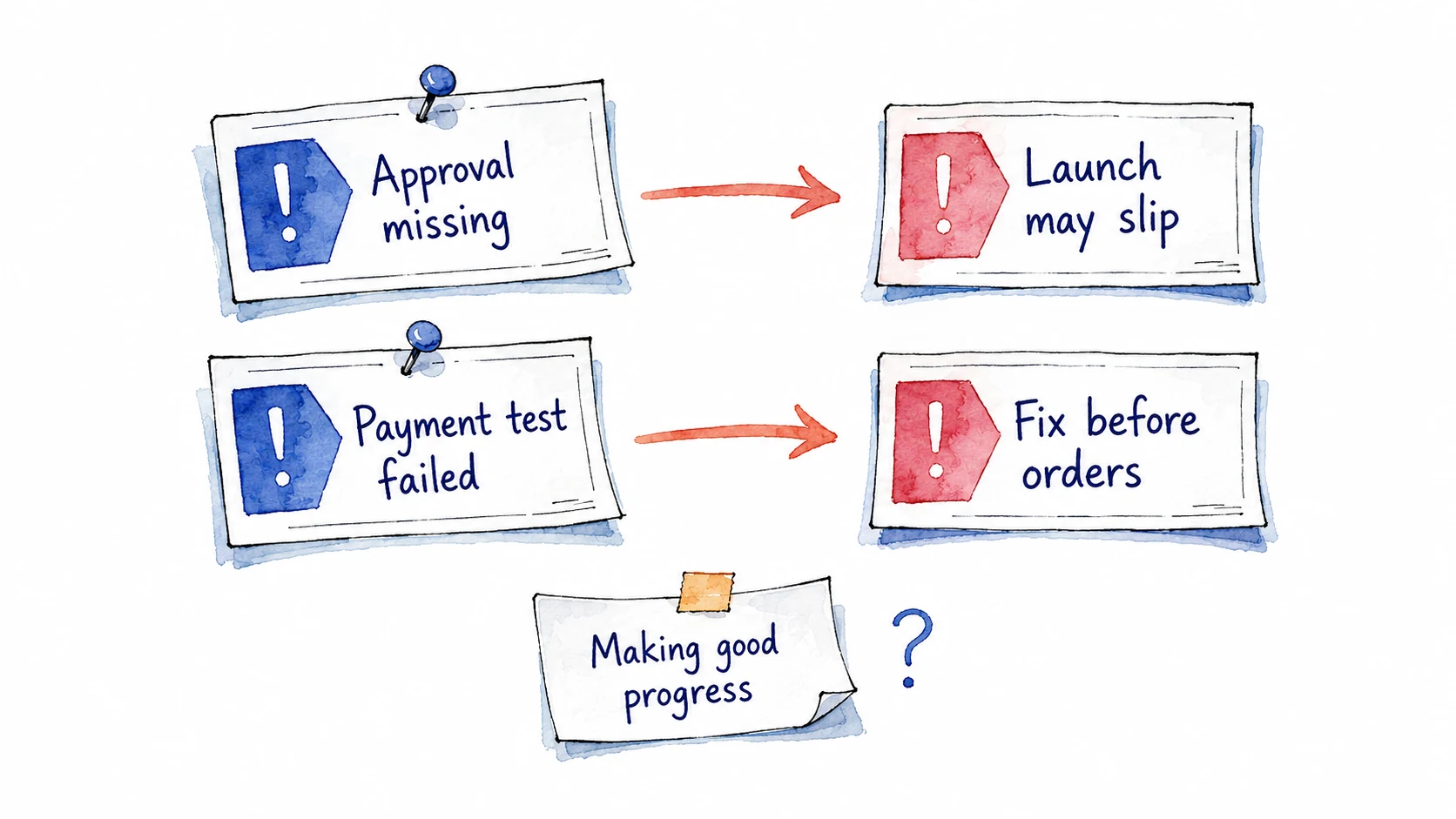 Missing approval is linked to a possible launch delay, and a failed payment test to fixing it before orders; Making good progress leaves the risks unstated.