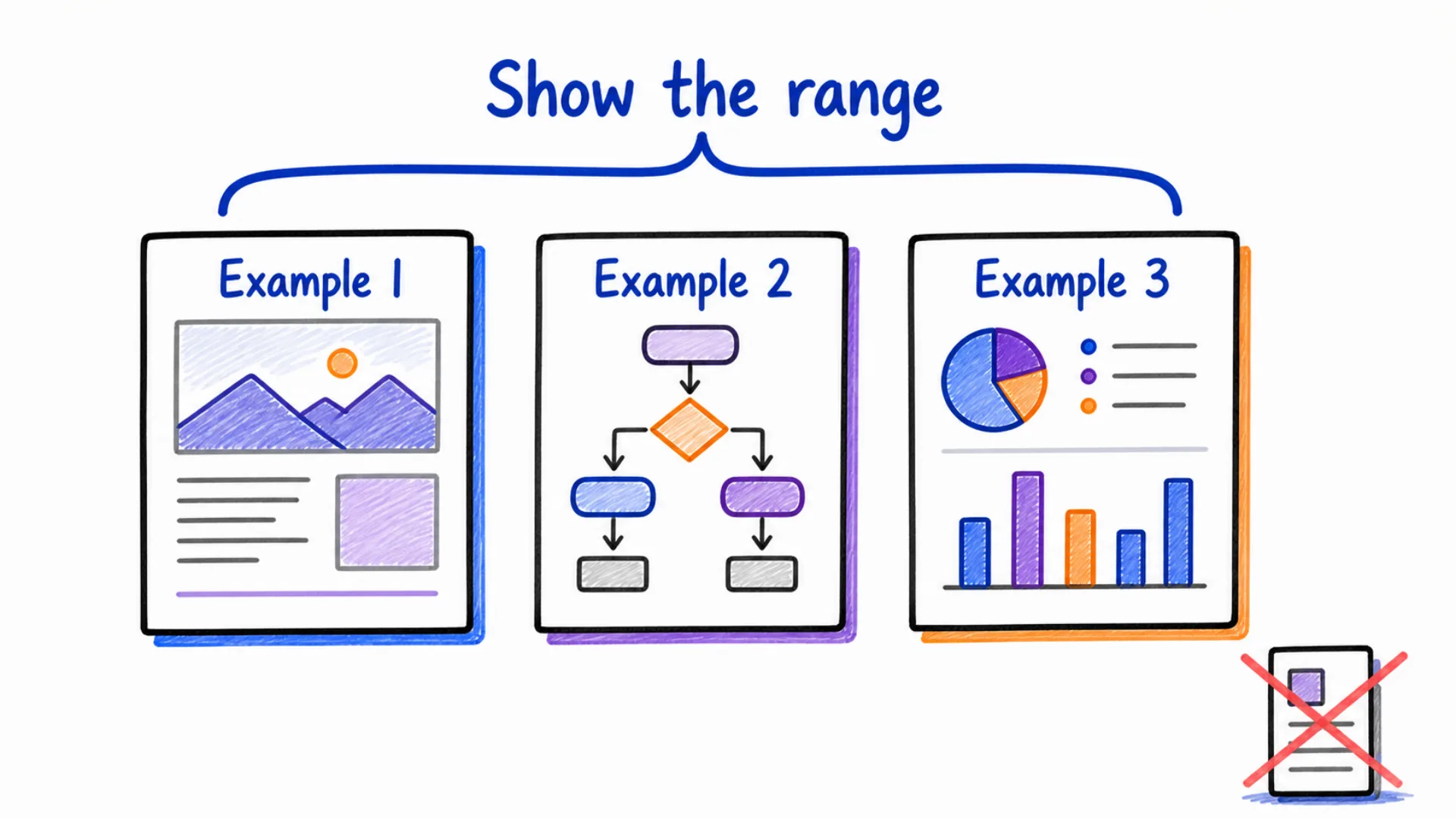 Several different example cards share one labeled pattern while their surface details vary.