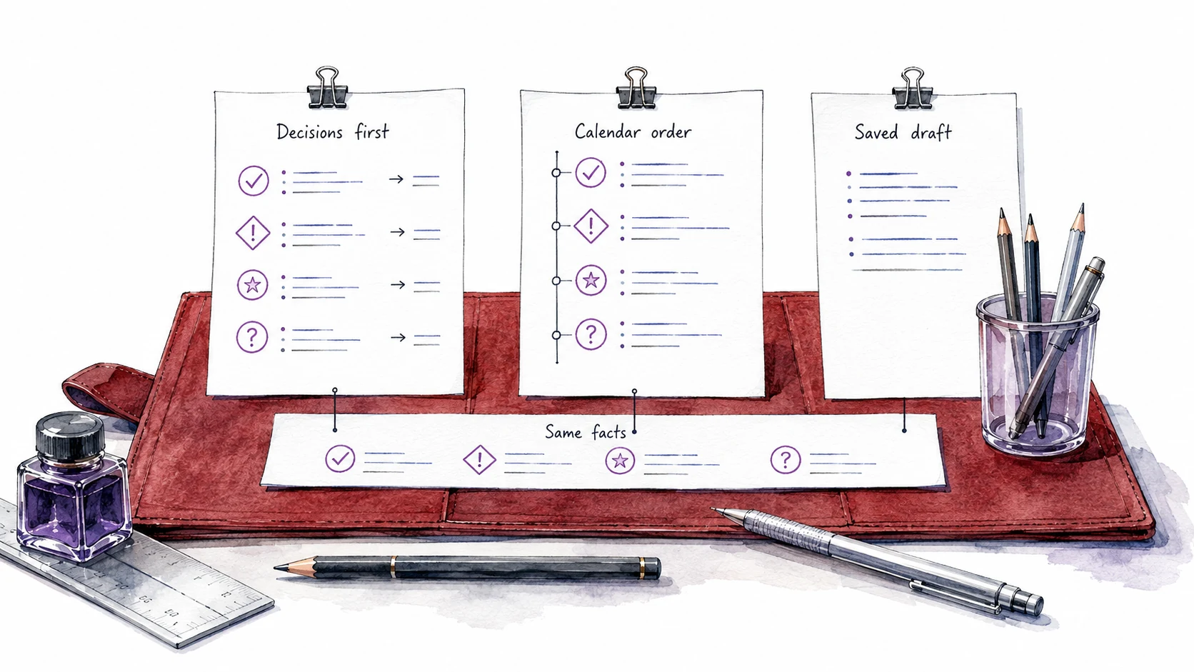 Two briefing drafts organize the same facts as decisions first or calendar order, with a complete saved draft retained.