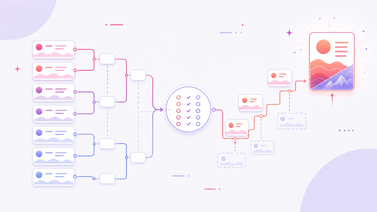A course-cover illustration of candidate cards entering a bracket, passing through a judge, and combining into one stronger winner card.