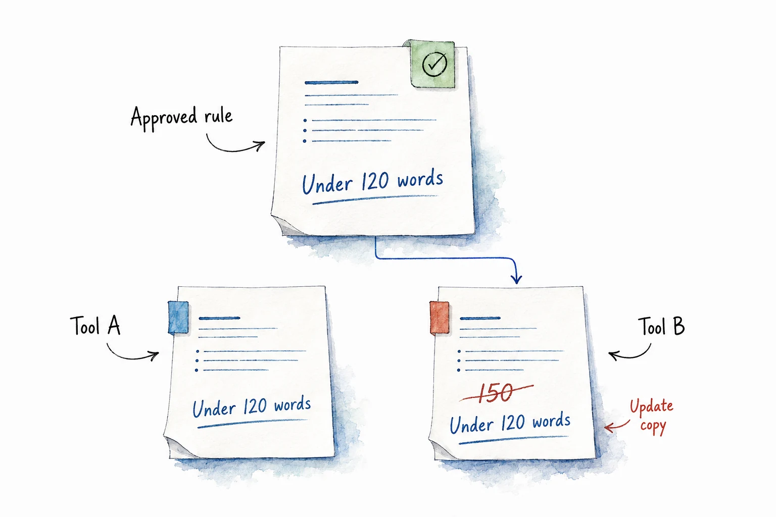 An approved Under 120 words rule matches Tool A; Tool B's old 150 limit is crossed out and deliberately updated from the approved source.