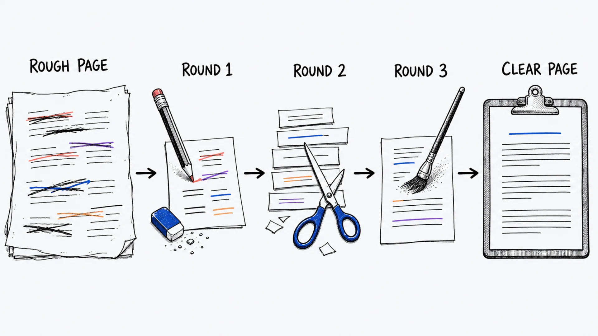 A rough first page becomes a polished one across a few labeled rounds of small plain-word changes.