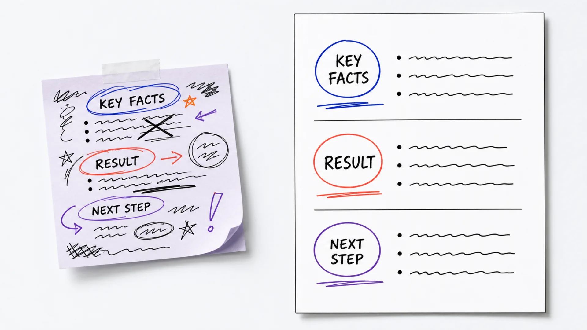 A scribbled sticky note and a clean printed one-pager hold the same words side by side.