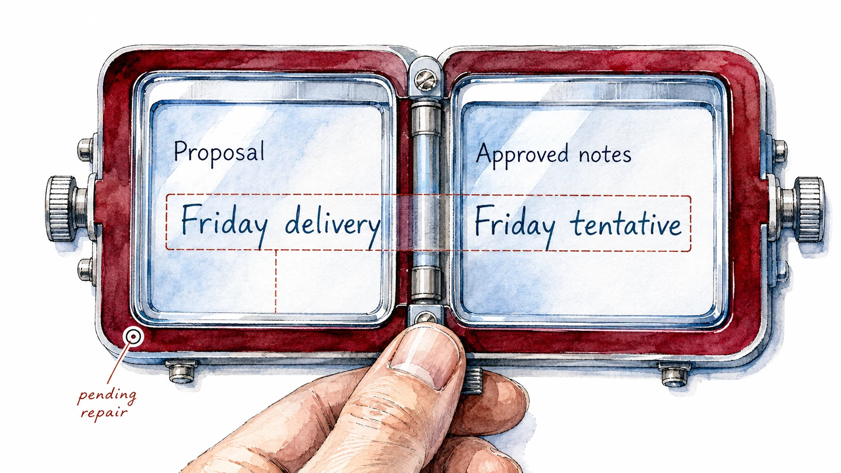 A hand holds two hinged panes side by side. The proposal reads “Friday delivery,” the approved notes read “Friday tentative,” and a dashed line runs across both to mark the difference.